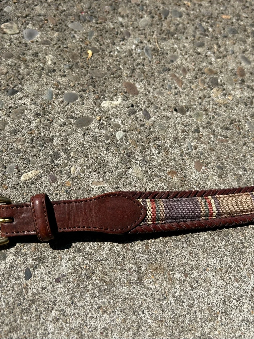 REI Size 30 Brown Full Grain Leather Belt With Padded Plaid Canvas Brass Buckle